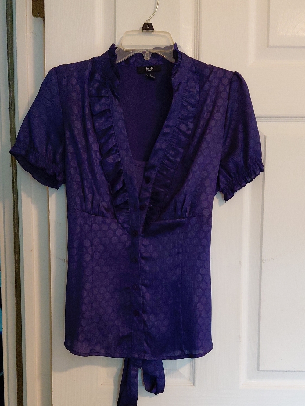 AGB Deep Purple Ruffle V-Neck Short Sleeve Blouse